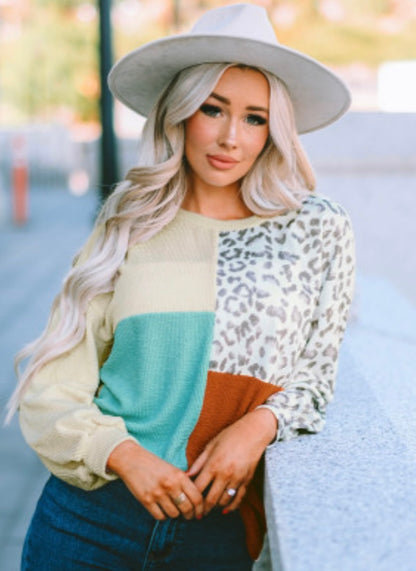 Leopard color block long sleeve top